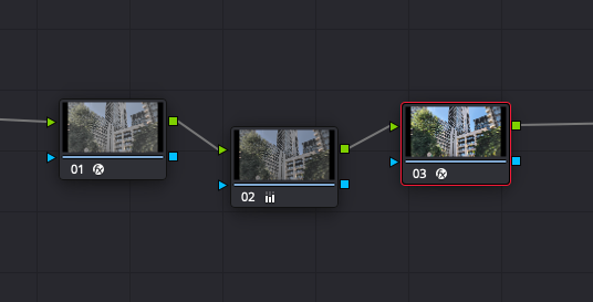 DaVinci Resolve node graph: three serial nodes. Colour Space Transform in, grade in the middle, Colour Space Transform out
