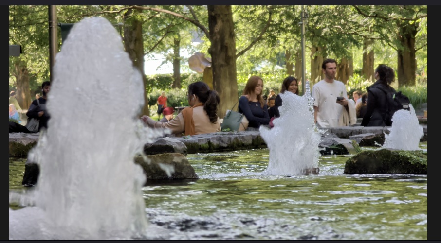 Sample frame graded with the Native Camera Pixel LUT: a park scene with fountains, natural skin tones and greens